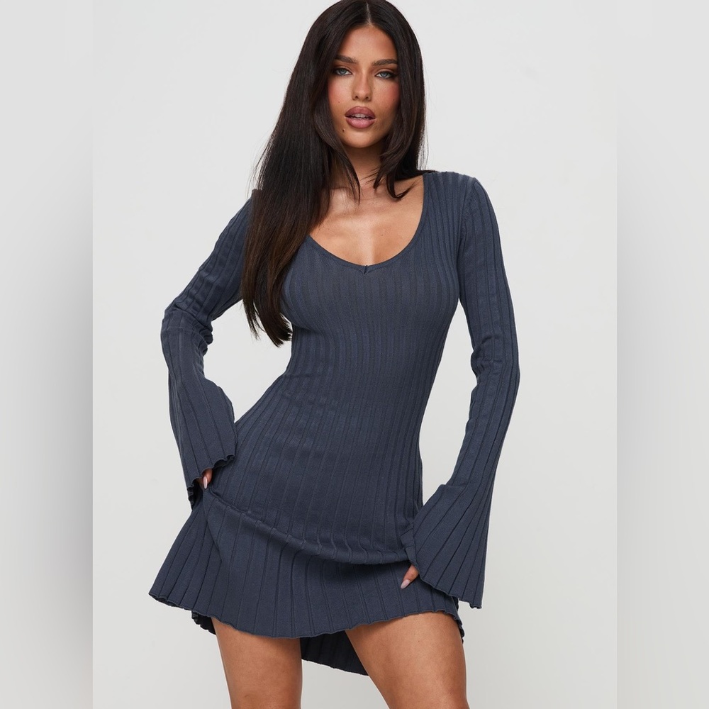 Liberte Ribbed Long Sleeve Mini Dress Charcoal